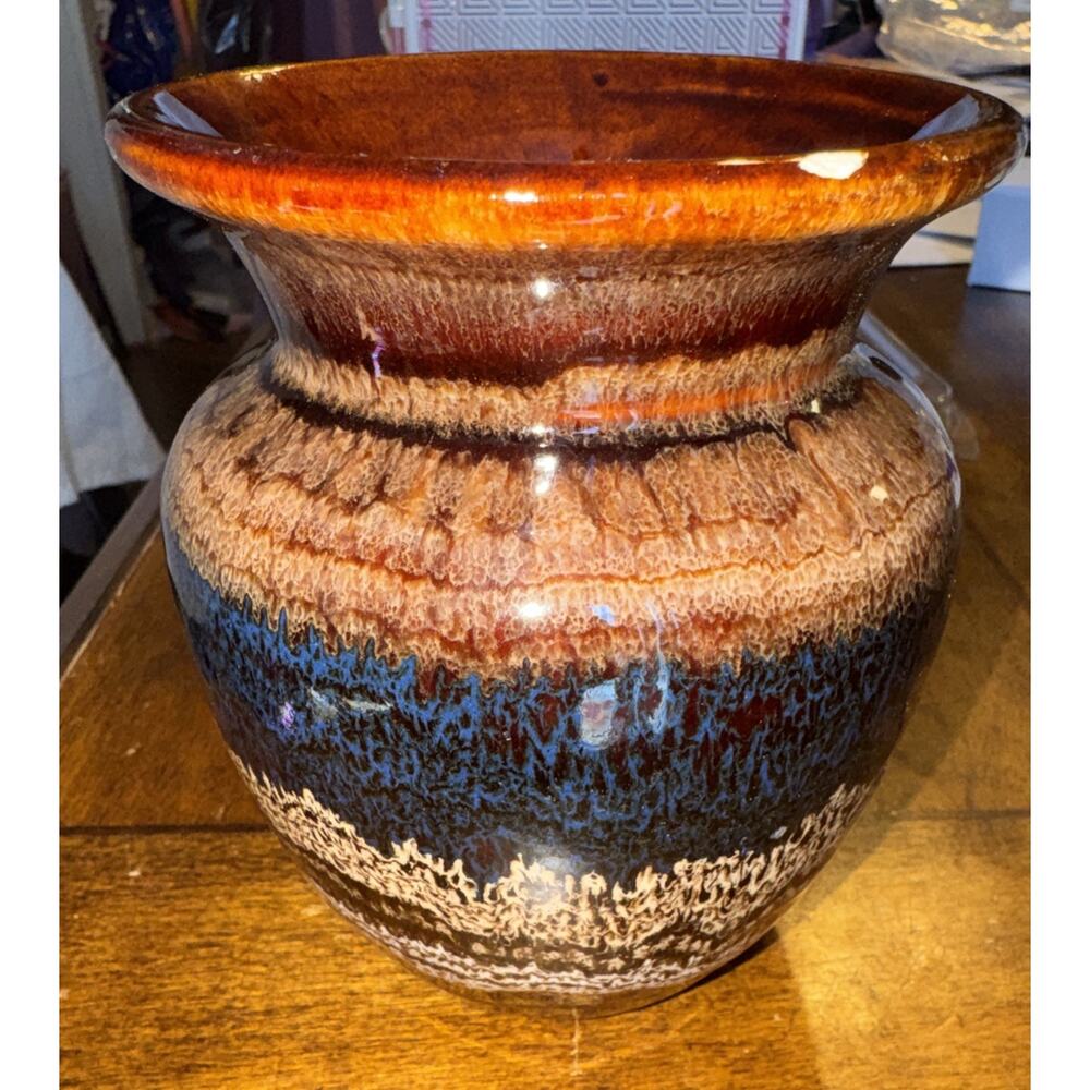 Royal Haeger 1960s Art Pottery Brown Beige Blue Drip Vase USA Read